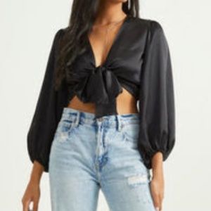 Black Satin Tie Crop Top